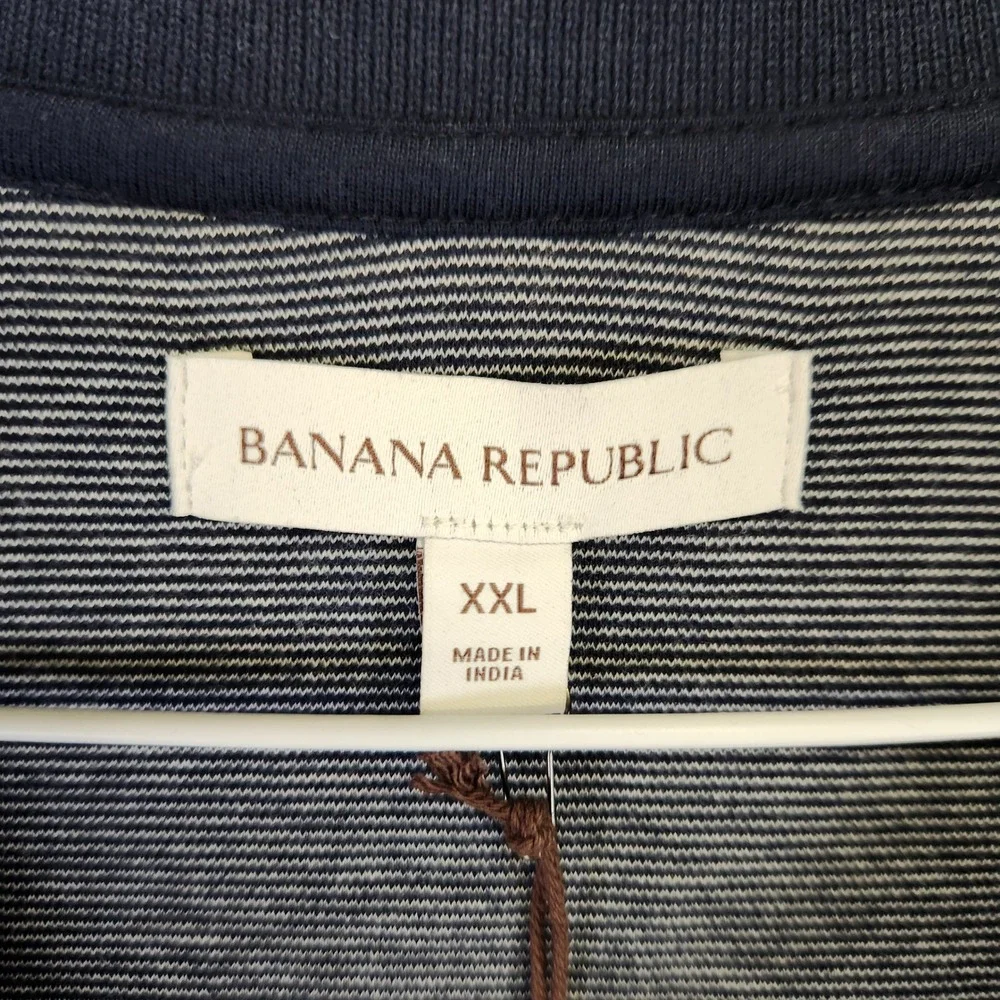 Banana Republic Mens XXL Navy White Micro Stripe Tipped Collar Polo‎ Shirt NWT